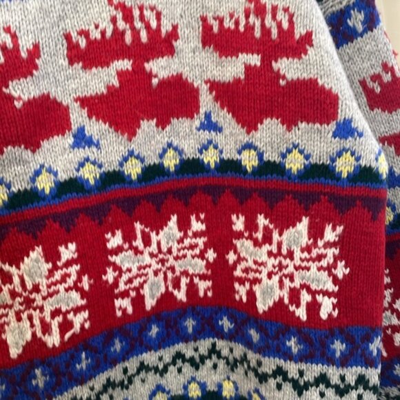 Handknit Sweater Moose Snowflake Pattern  Navy Red M - Picture 3 of 8